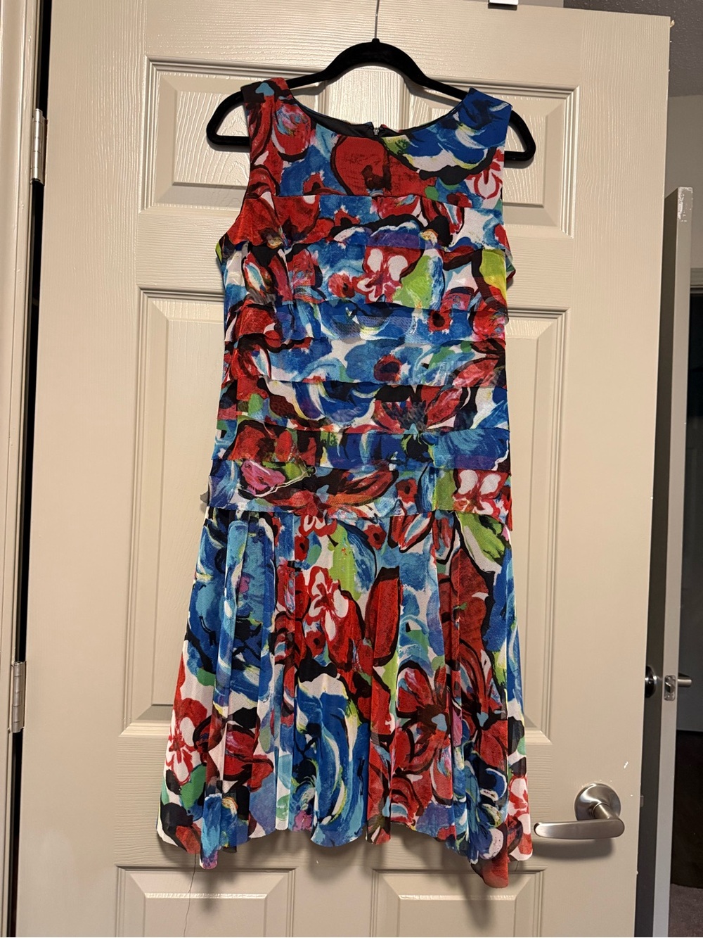 Sleeveless Floral Fit-and-Flare Dress in Red, Blue & Green